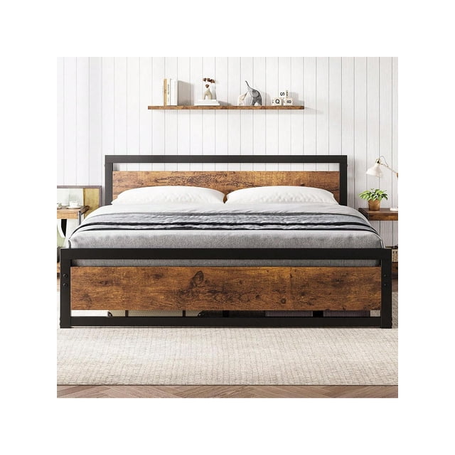 Metal y wood marco de cama con cabecero y footboard: cama de plataforma con strong metal slat support, no necesita colchón base, easy to assemble