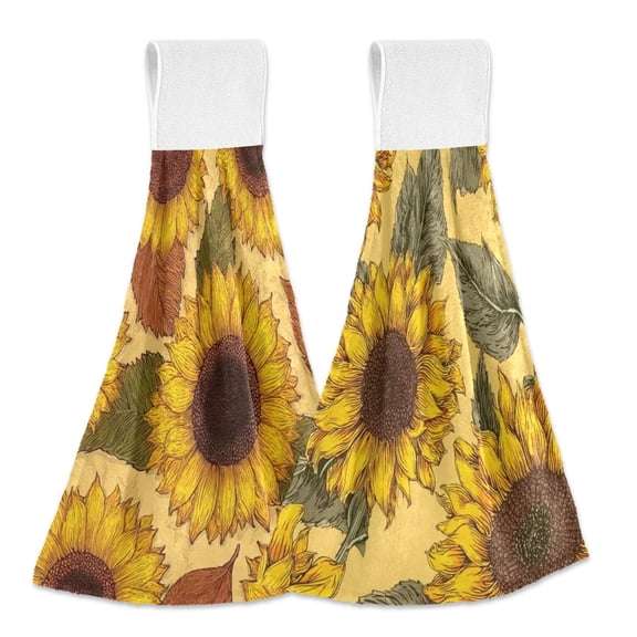IAUYY Kitchen Hanging Towels Set of 2 100% Polyester Absorbent, Super Soft Hand Towels with Hanging Loops for Bathroom Kitchen Highly Saturated Leaves High-saturation Sunflowers