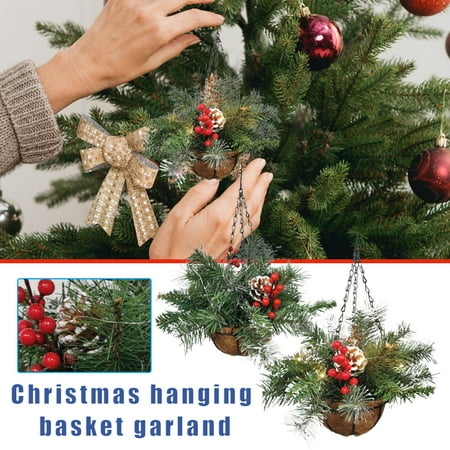 

Artificial Christmas Hanging Basket Rustic Handmade Wreath Creative Front Door Pendant for Home Garden Farmhouse New(No Light)