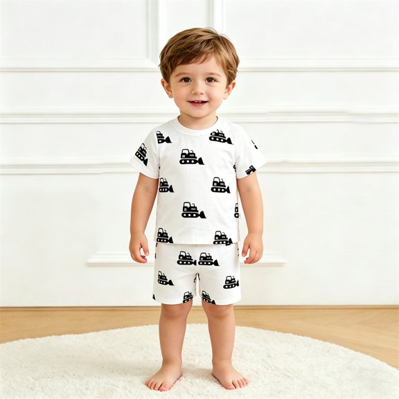 Gyexs Boys Cotton Shorts Set 2 Piece Summer Clothes Toddler Excavator Print Cute Outfits White, 7-8 Years