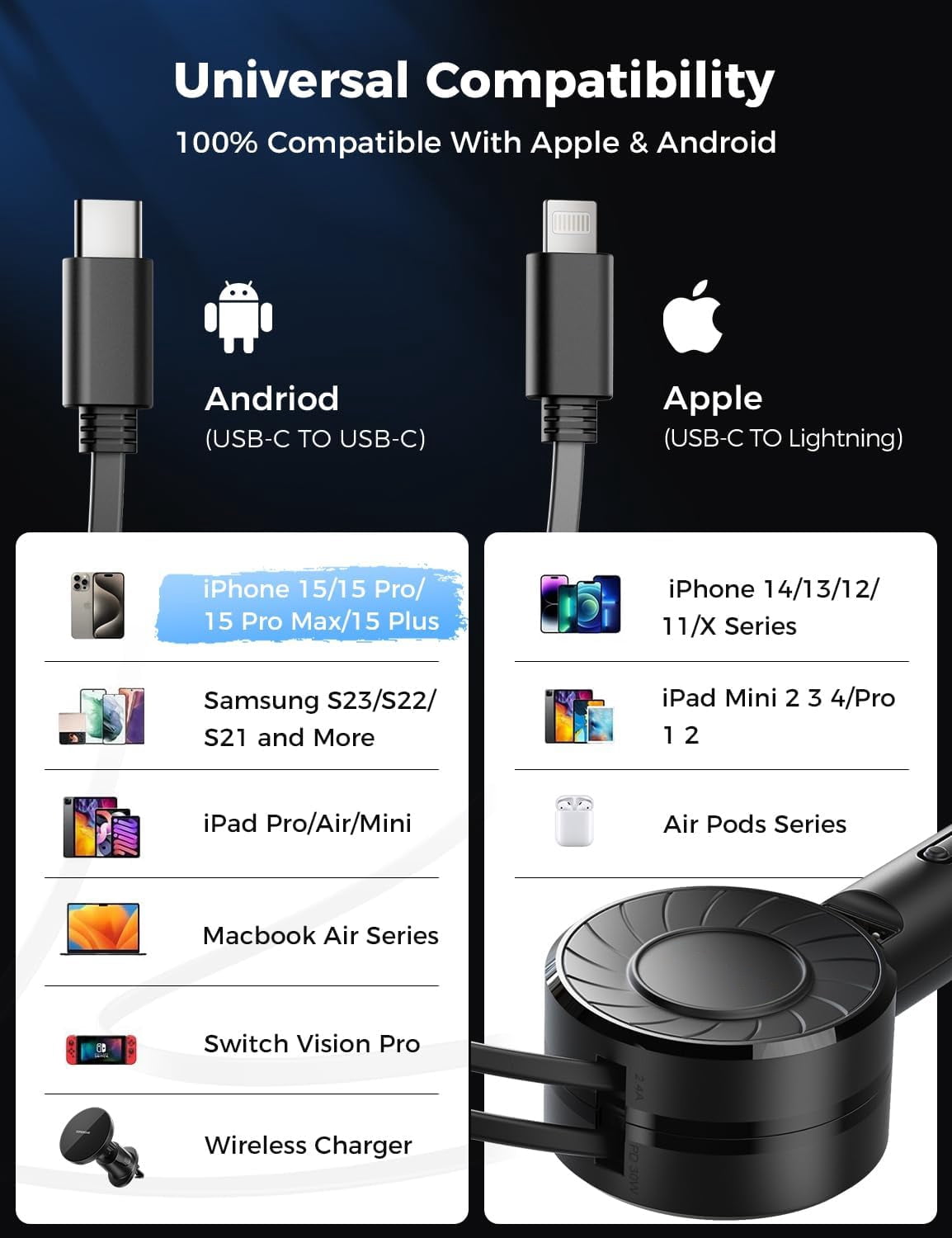Wiher Retractable Fast Car Charger compatible for iPhone and Android with Dual Port USB C Cables 4-in-1 with Ports Adapter Car interior Accessories Black