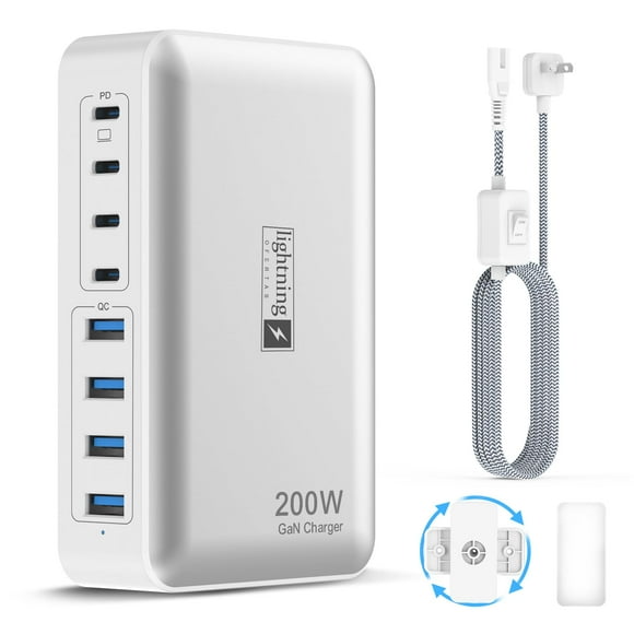 200W Charging Station for Multiple Devices, 8-Port USB C Charger Block Fast Charging, 65W Type C GaN Power Adapter for Cellphones, Tablets, Laptops, Multi Chargers USB Hub Flat Plug