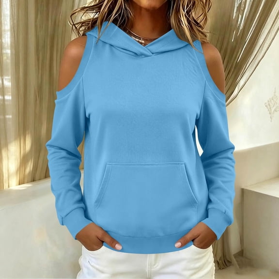 Yteetum Women's Fall Winter Hoodies Oversized Long Sleeve Openwork Off the Shoulder Hoodie Womens Casual Solid Loose Comfy Hooded Sweatshirts