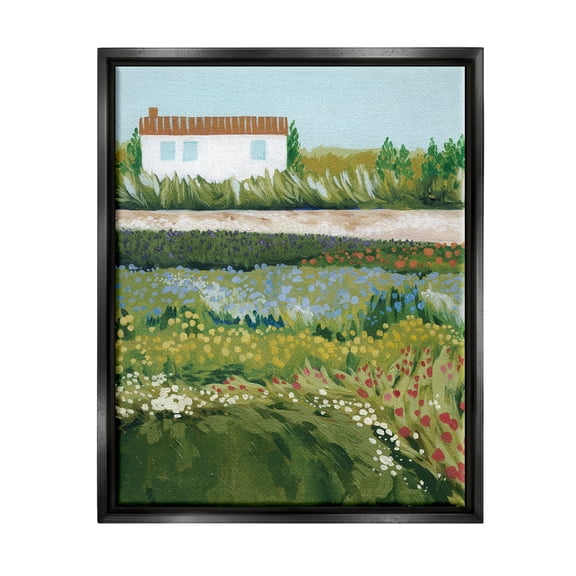 Stupell Rural Cottage Wildflowers Blooming Landscape Painting Black Floater Framed Art Print Wall Art