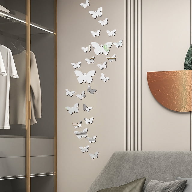 Pegatinas de espejo acrílico de mariposa (plateadas), pegatina de espejo acrílico para paredes, sala de estar y decoración moderna del hogar