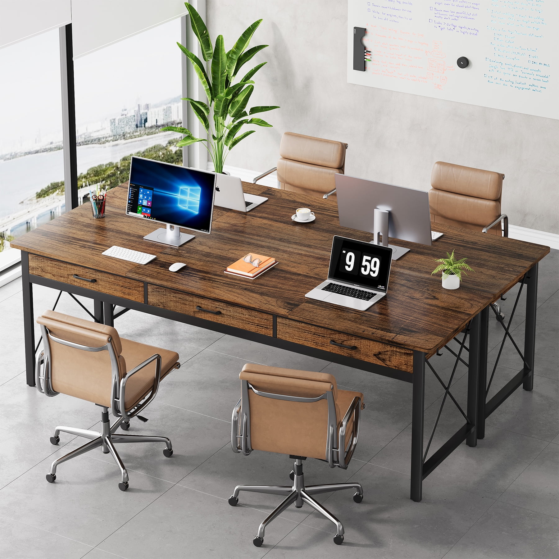 Condemo 78.7 inch Extra Long Computer Desk, Double Desk with 3 Drawers, Two Person Desk with Hooks, Industrial Writing Study Table Workstation for Home Office, Light Brown and Black
