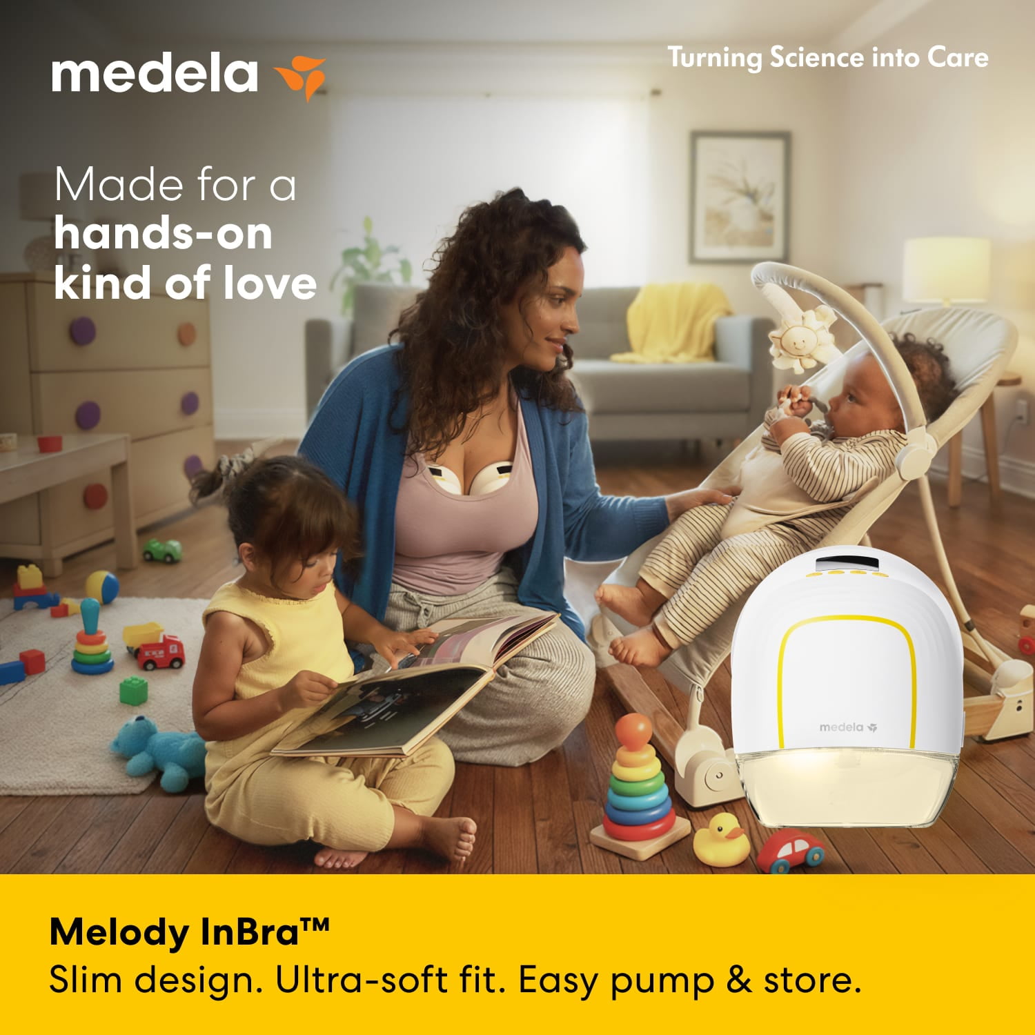 Medela Melody InBra Wearable Double Electric Breast Pump – Slim Design, Ultra-Soft Fit, Quiet, Powerful, Easy Pump & Store Container with Lid, Lightweight, Display with Timer, USB-C Rechargeable