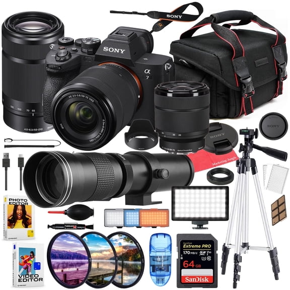 Sony a7 IV Mirrorless Camera with 28-70mm & 55-210mm Lens Bundled Kit   Accessory Package with 420-800mm Zoom Telephoto, LED Light, Filters, 64GB Extreme SD (International Version)