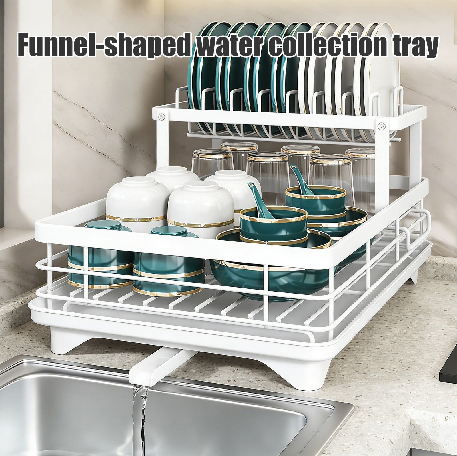 Dish Drying Rack Carbon Steel 2 Tier Draining Rack, Bowl Plate Chopstick Storage with Water Drain Tray, Countertop Dish Organizer for Kitchen Sink and Counter