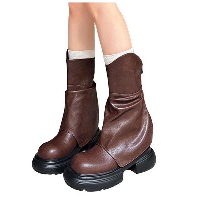 Chunky Fold Over Boots for Women 2025 Roman Fashion Slouchy Platform Wide Mid Calf Riding Boots Brown