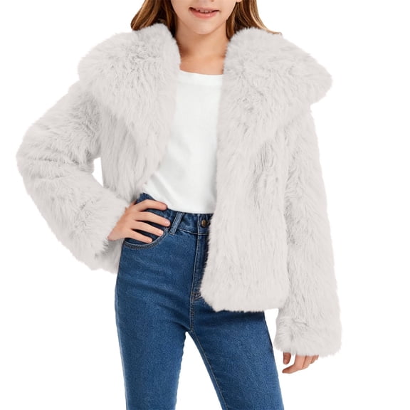 EnJoCho Girls Fa𝗎x F𝗎r Coat Kids Fluf𝖿y Long Sleeve Lapel Collar Open Front Jacket Warm Winter Shaggy Outwear with Pockets