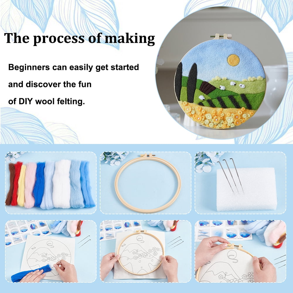 4 Sets Needle Felt Starter Set Meadow Felt Painting Kit for Beginners Wool Felting Supplies with Picture Frame Felting Needles Foam Pad Felts Cloth