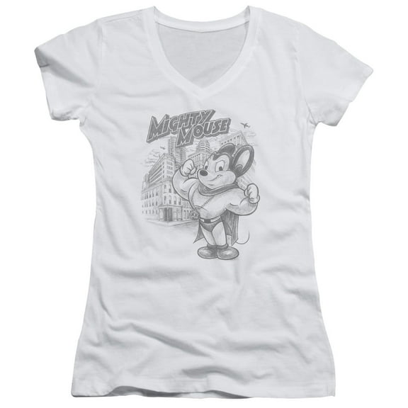 Mighty Mouse Protect And Serve Junior Women's V-Neck T-Shirt White