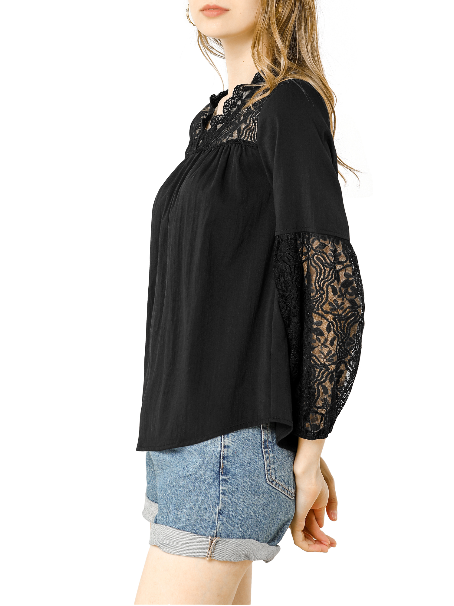 Women's Lace Floral Peasant Patchwork Long Puff Sleeve V Neck Blouse - image 4 of 6