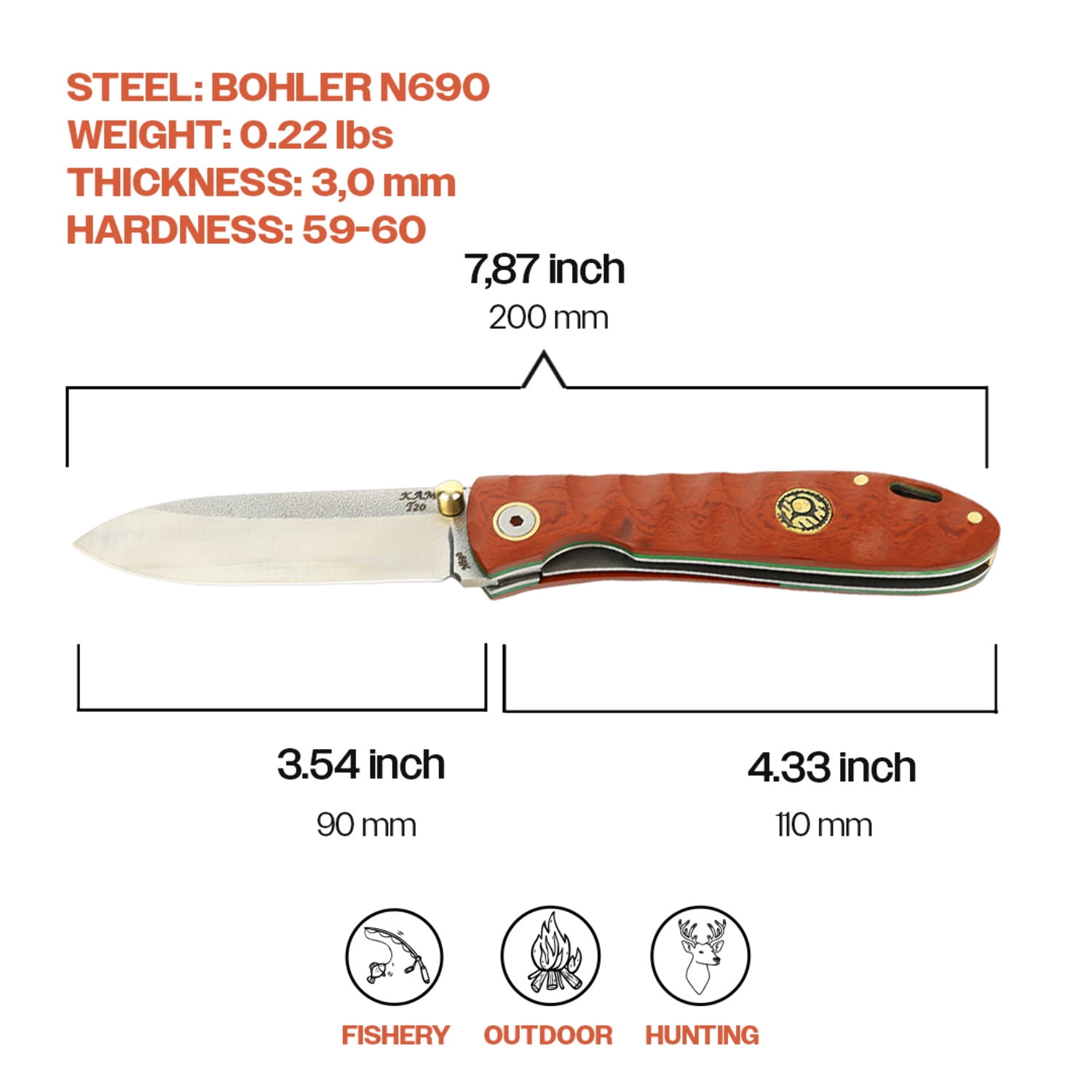 Kam Knife - Folding Knife BÖHLER Stainless Steel N690 with 3.14" Blade EDC Knife; Micarta Handle Camping Knife; Small Hunting Knife Perfect for Outdoors and Hiking