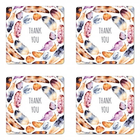 

Tribal Coaster Set of 4 Bird Hawk Colored Feathers with Hand Written Thank You Note in the Middle Print Square Hardboard Gloss Coasters Standard Size Multicolor by Ambesonne