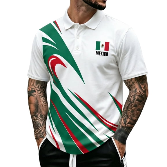 CONZONE Mens Mexico Soccer Shirts Short Sleeve International Football Buttons Down Shirts for Men Lapel Mexico Flag Graphic Casual Summer Tee Tops
