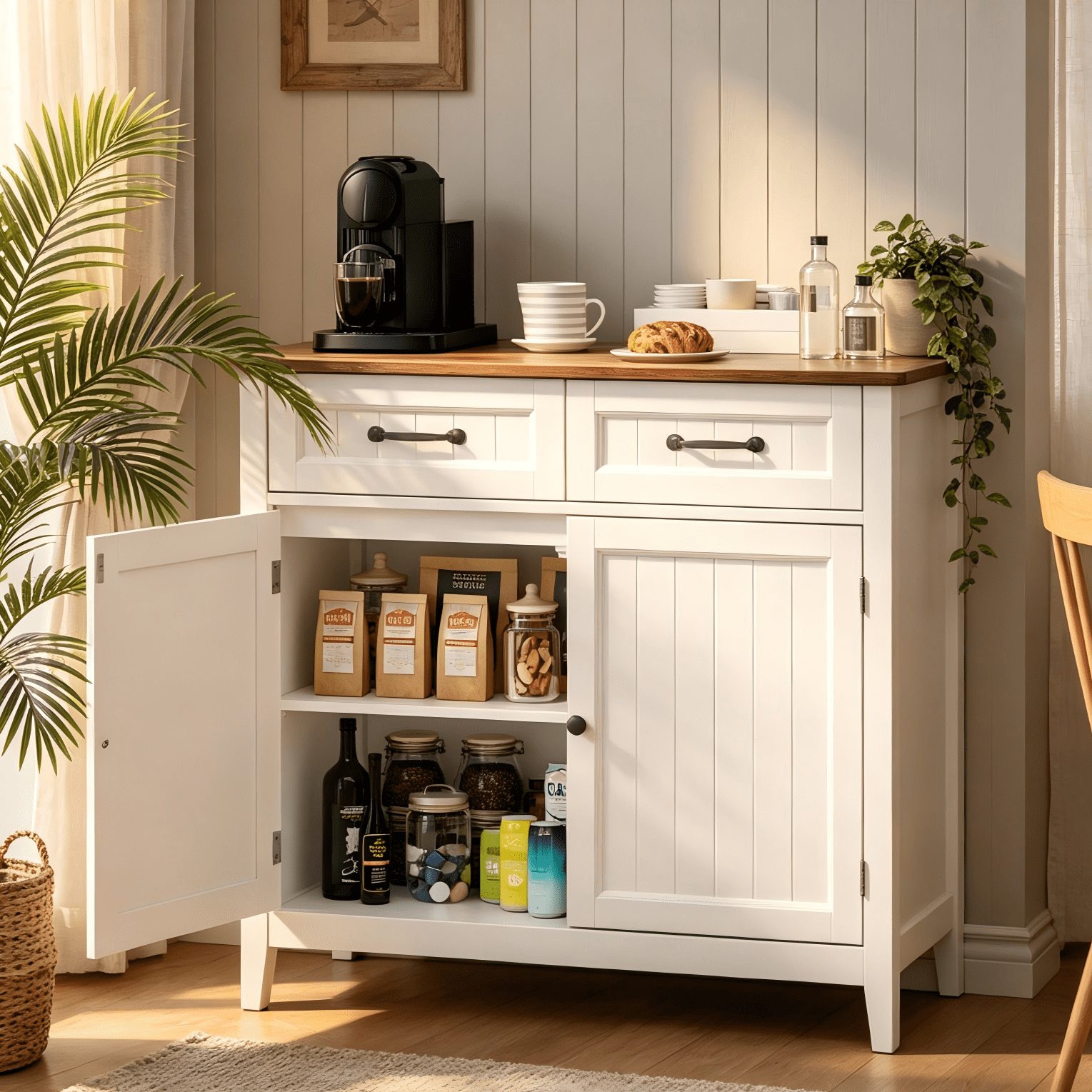Coffee Bar Cabinet, Lofka 35.4 Inch Small Sideboard Buffet Cabinet with Drawers & Adjustable Shelf, Slim Waterproof Storage Cabinet for Apartment Kitchen Entryway Living Room Home Office, Retro