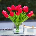 thumbnail image 2 of Enova Home 20 Pieces Artificial Real Touch Silk Tulips Flowers Arrangement in Cube Glass Vase with Faux Water For Home Garden Decoration (Red), 2 of 4