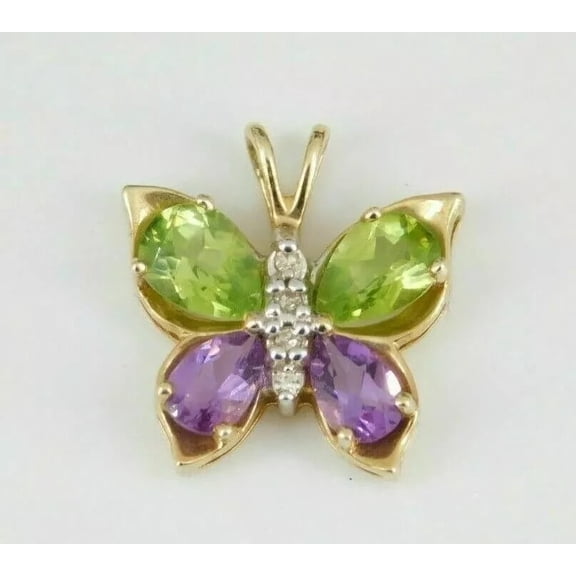 2Ct Pear Cut Peridot /Amethyst Butterfly Pendant 14K Yellow Gold Over Free Chain