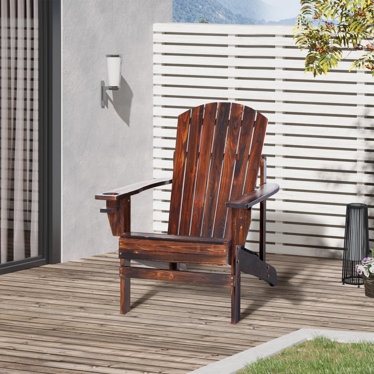 Newboti Furniture Wooden Adirondack Chair, Outdoor Patio Lawn Chair with Cup Holder, Weather Resistant Lawn Furniture, Classic Lounge for Deck, Garden, Backyard, Fire Pit, Brown BN.7218