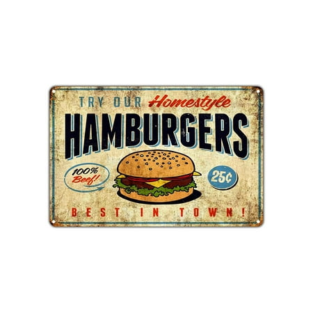Try Our Homestyle Hamburgers 100% Beef Best In Town! Restaurant Vintage Retro Metal Wall Decor Art Shop Aluminum 18