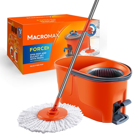 Macromax Force Spin Mop and Bucket Set – Pedal-Activated Wringer System – 360° Microfiber Mop for Floor Cleaning – Ergonomic Handle – Wet or Dry Use – Hardwood, Tile & Laminate