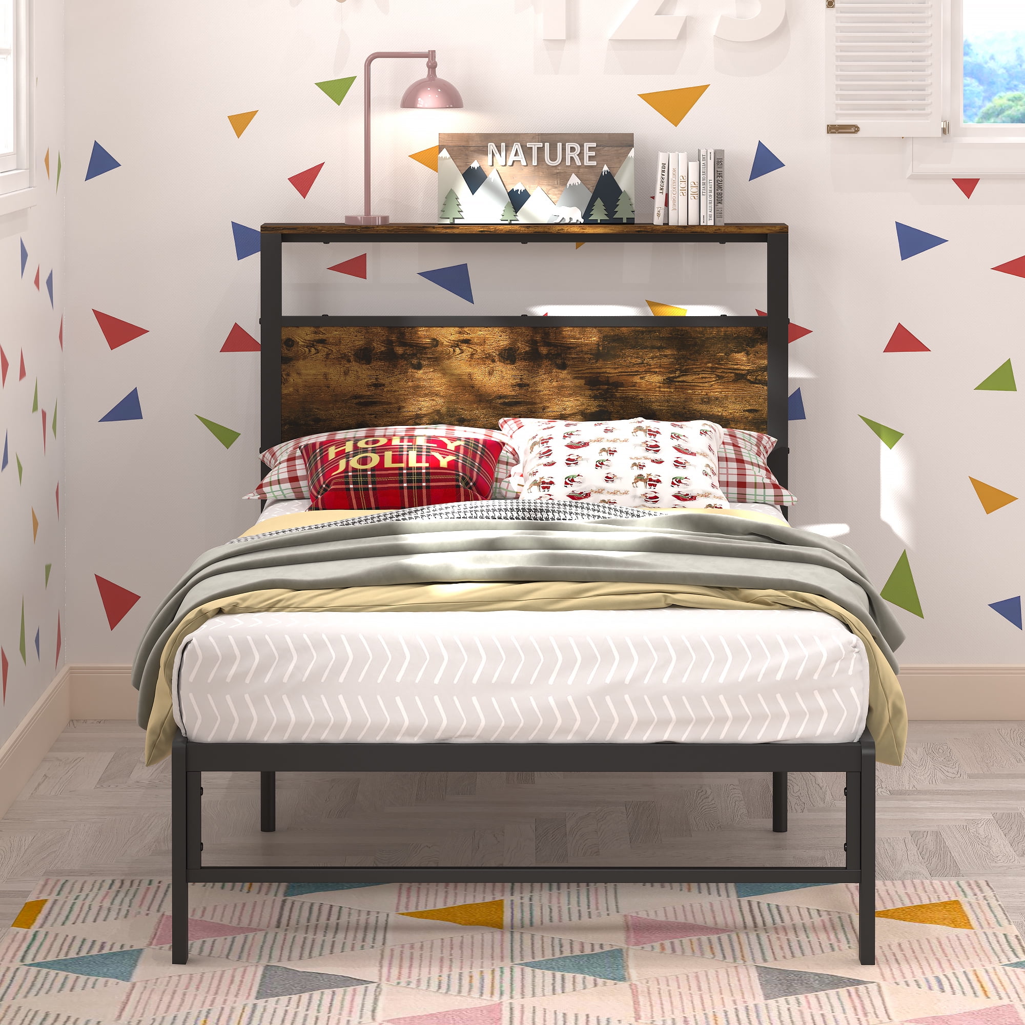 Yoneston Kids Twin Size Metal Platform Bed Frame with Storage Headboard, 12" Mattress Foundation for Childs Adults, Caramel Brown
