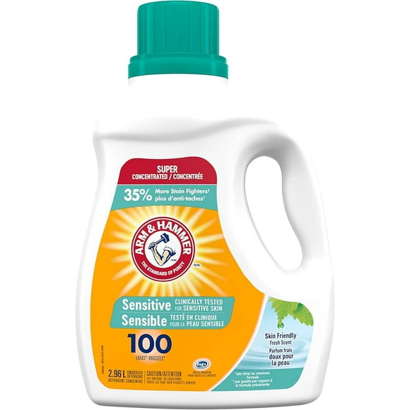 Arm & Hammer Liquid Laundry Detergent for Sensitive Skin, Super Concentrated, Skin Friendly Fresh Scent, 100 Loads, 2.96-L