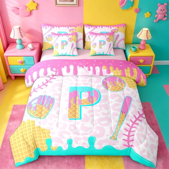 meiyoeat Ice Cream Initial P Alphabet 7-Piece Twin Bedding Sets For Kids,Watercolor Baseball Pink Leopard Animal Print Bedding Comforter Set,Pink Reversible