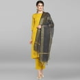 thumbnail image 1 of Janasya Indian Round Neck 3/4 Sleeve Gold Print Mustard Poly Crepe Kurta With Pant And Dupatta For Women, 1 of 7