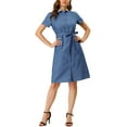 thumbnail image 3 of Allegra K Women's Pan Collar Button Down Belted Short Sleeve Denim Shirt Dress, 3 of 7