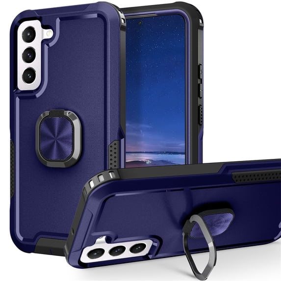 SaniMore for Samsung Galaxy S21 FE Multi-Functional Case, 3-Layer Protection Magnetic Cover Support Car Mount & 360° Rotatable Metal Ring Kickstand Full Body Shockproof Protective Shell, Blue