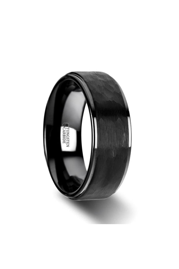 Warrior Raised Hammer Finish Step Edge Black Ceramic Wedding Band With Brushed Finish