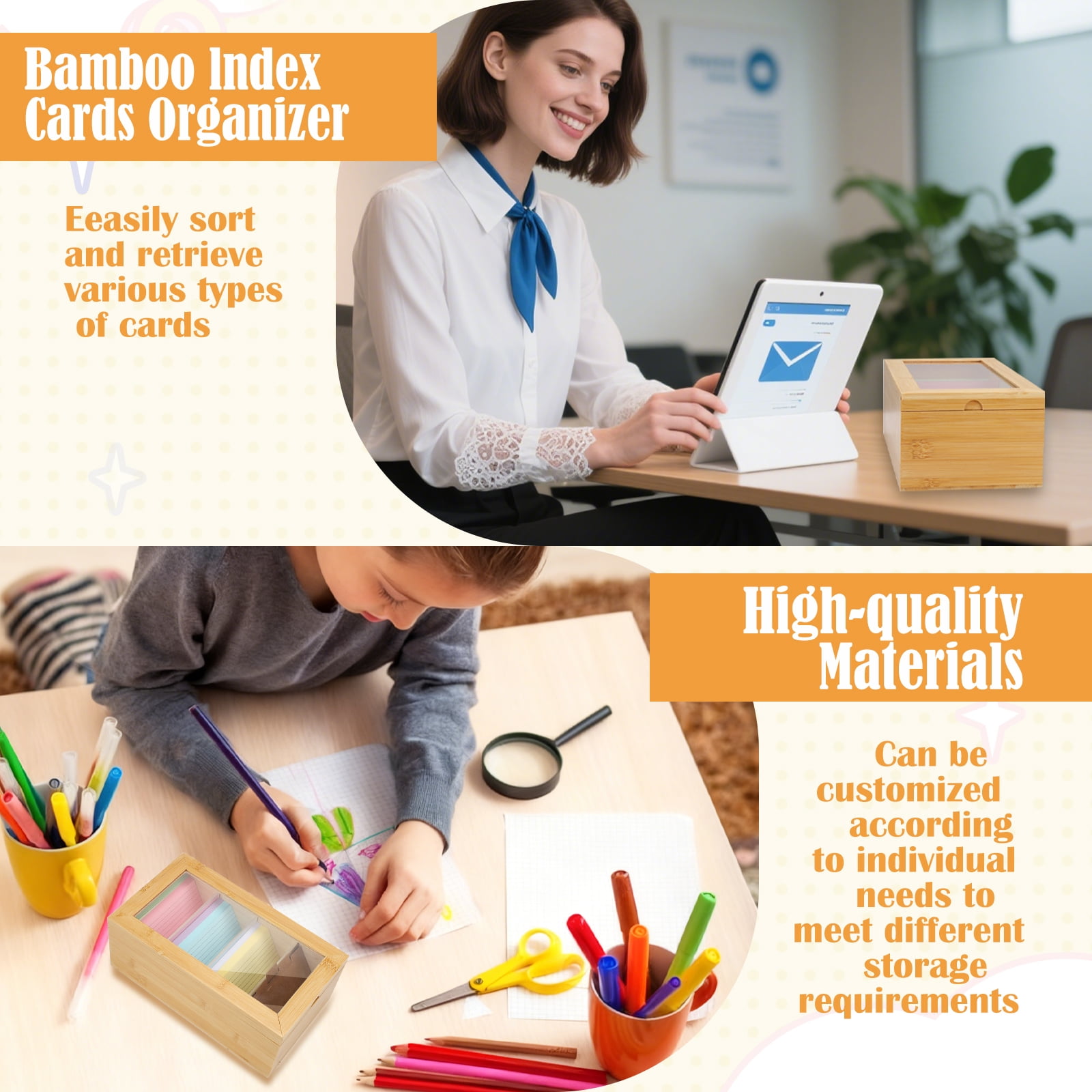 Bamboo Index Card Organizer - 3x5 Index Card Holder Box With Dividers - Wood Recipe Box With Lid - 4 Compartments For 1200 Cards - 5.9"W x 9.84"D x 3.97"H