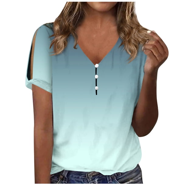 Gibobby Camiseta de Manga Corta con Cuello en V Camiseta manga corta con cuello en V y manga corta hueca informal verano para mujer, Top con estampado degradado(Verde de menta,G)