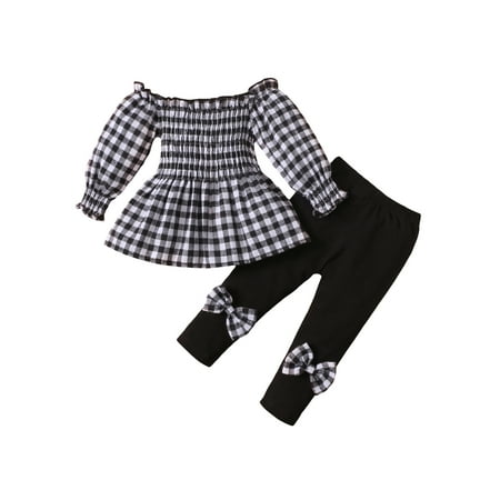 

2pcs Toddler Baby Girls Casual Cotton Fall Clothes Sets Sweet Soft Fashion Plaid Boat Neck Long Sleeve Tops and Bow Long Pants