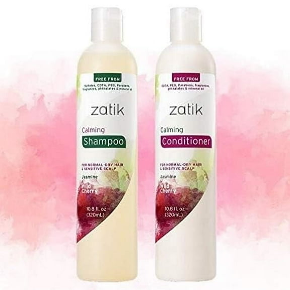 Zatik Naturals - Calming Shampoo   Conditioner Set, with Jasmine and Wild Cherry for Dandruff - Vegan Biodegradable, pH Balanced, FREE FROM EDTA, PEG, Paraben, phthalates, 10.8 oz (One each)