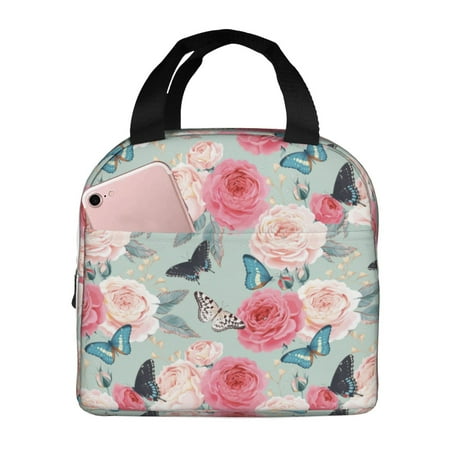 Insulated Lunch Bag for Women Men - Roses and Butterflies Leakproof Cooler Lunch Box for Women Men  Lunch Tote Bags for Work School Picnic Travel