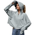 thumbnail image 3 of Women's Cropped UPF50+ Sun Protection Jacket, Ice Silk Hooded Long Sleeve with Thumb Holes, Summer Cycling Hiking Outdoor Wear Gray One Size, 3 of 5