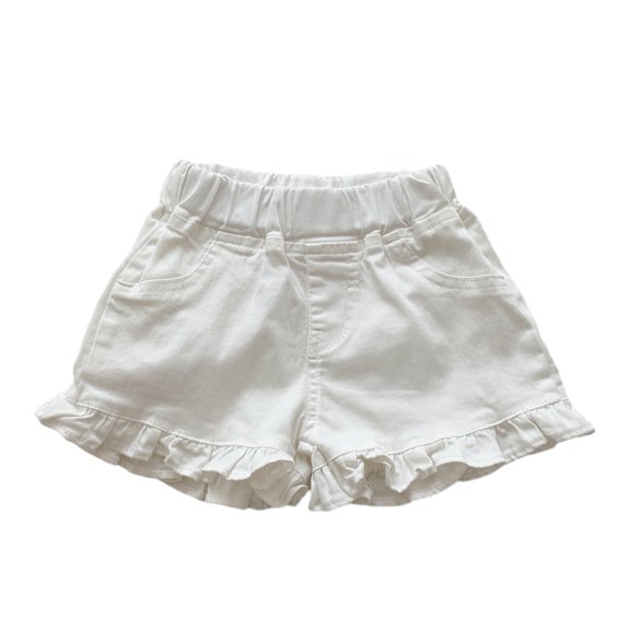 GYRATEDREAM Toddler Baby Girls Denim Pull on Shorts Kids Solid Soft Elastic Waist Jean Short Pant Children Ruffle Trim Breathable Jogger Shorts for 1-7 Years