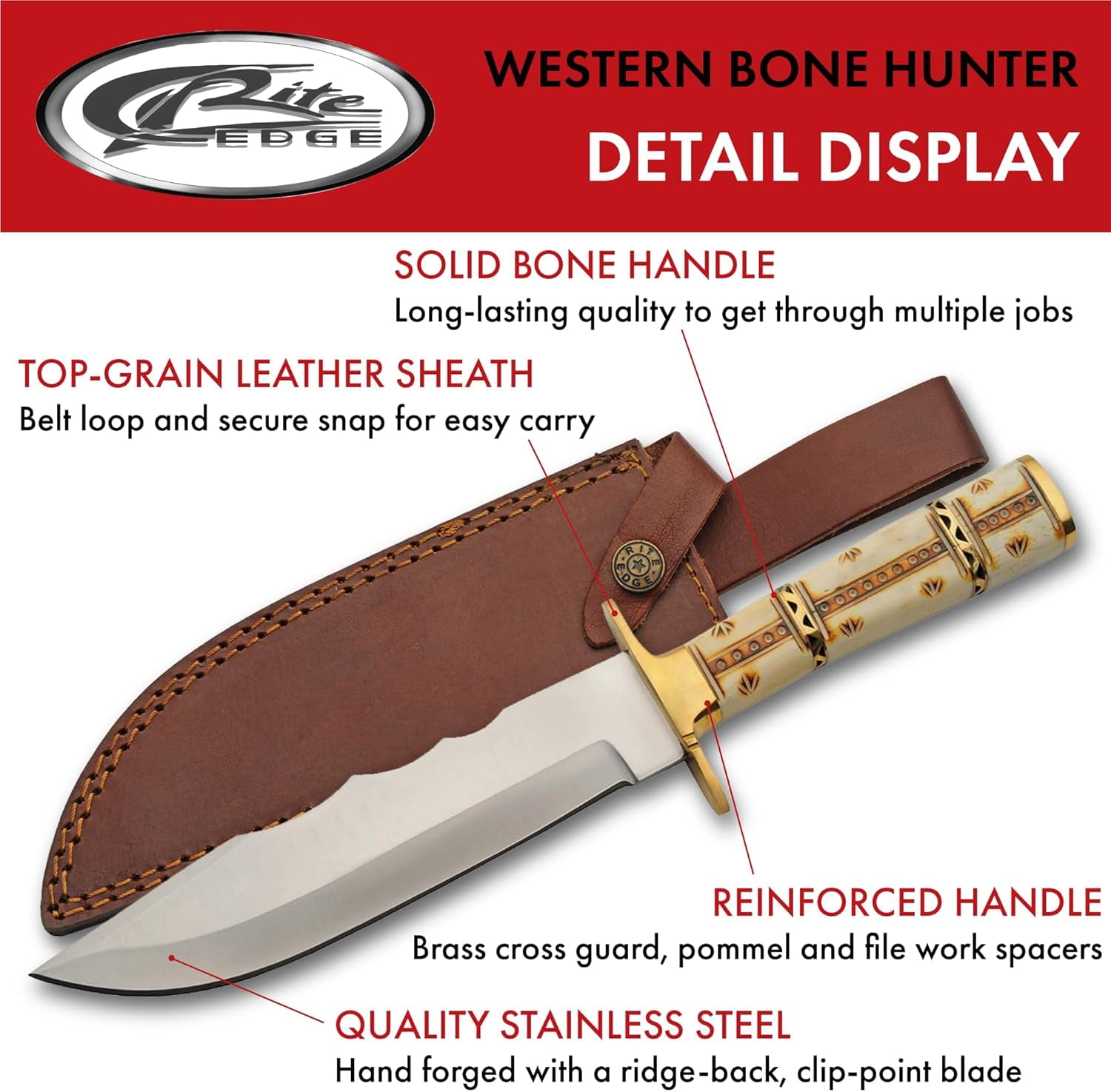 SZCO 12" Western Bone Hunter Knife, 7" Stainless Steel Blade with Authentic Bone Handle and Brass Guard for Hunting and Outdoor Survival