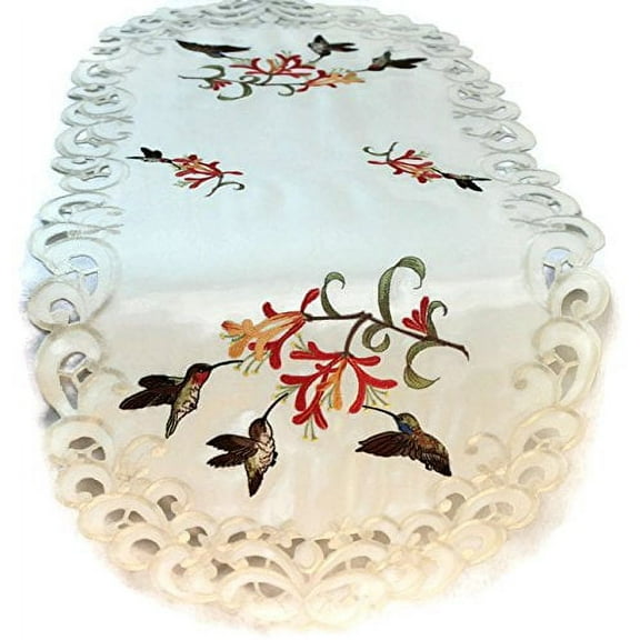 Doily Boutique Table Runner Embroidered with Hummingbirds on Ivory Fabric, Size 34 x 15 inches