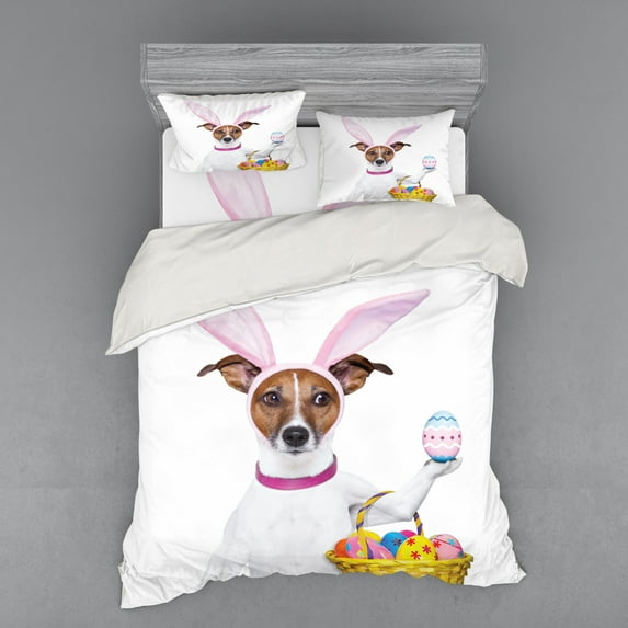 Ambesonne Easter Bedding Set 4 Pcs, Dog as Easter Bunny, Queen, Multicolor
