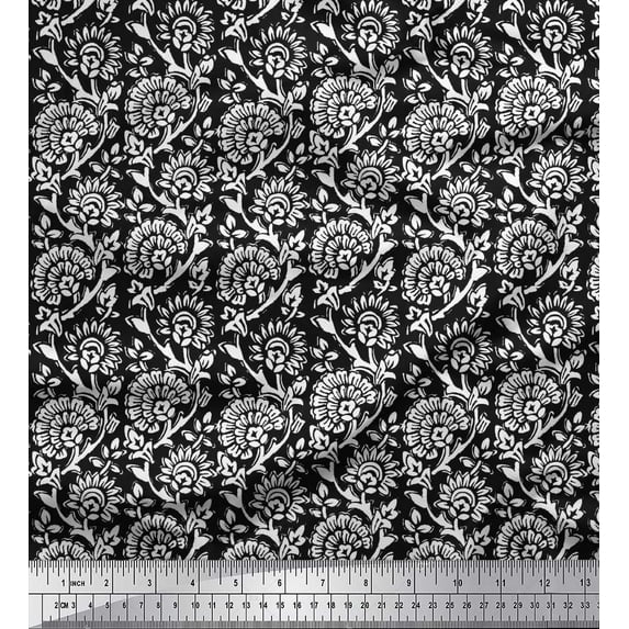 Soimoi Modal Satin Fabric Leaves & Floral Block Print Fabric by The Yard 42 Inch Wide