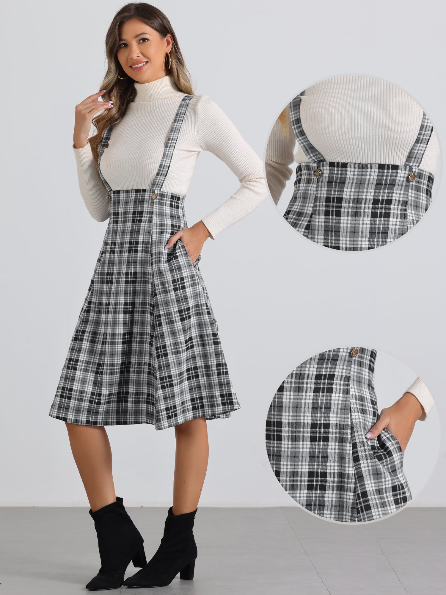 DARING DIVA Women's Tartan Pinafore Plaid Midi Suspender Skirt M Black