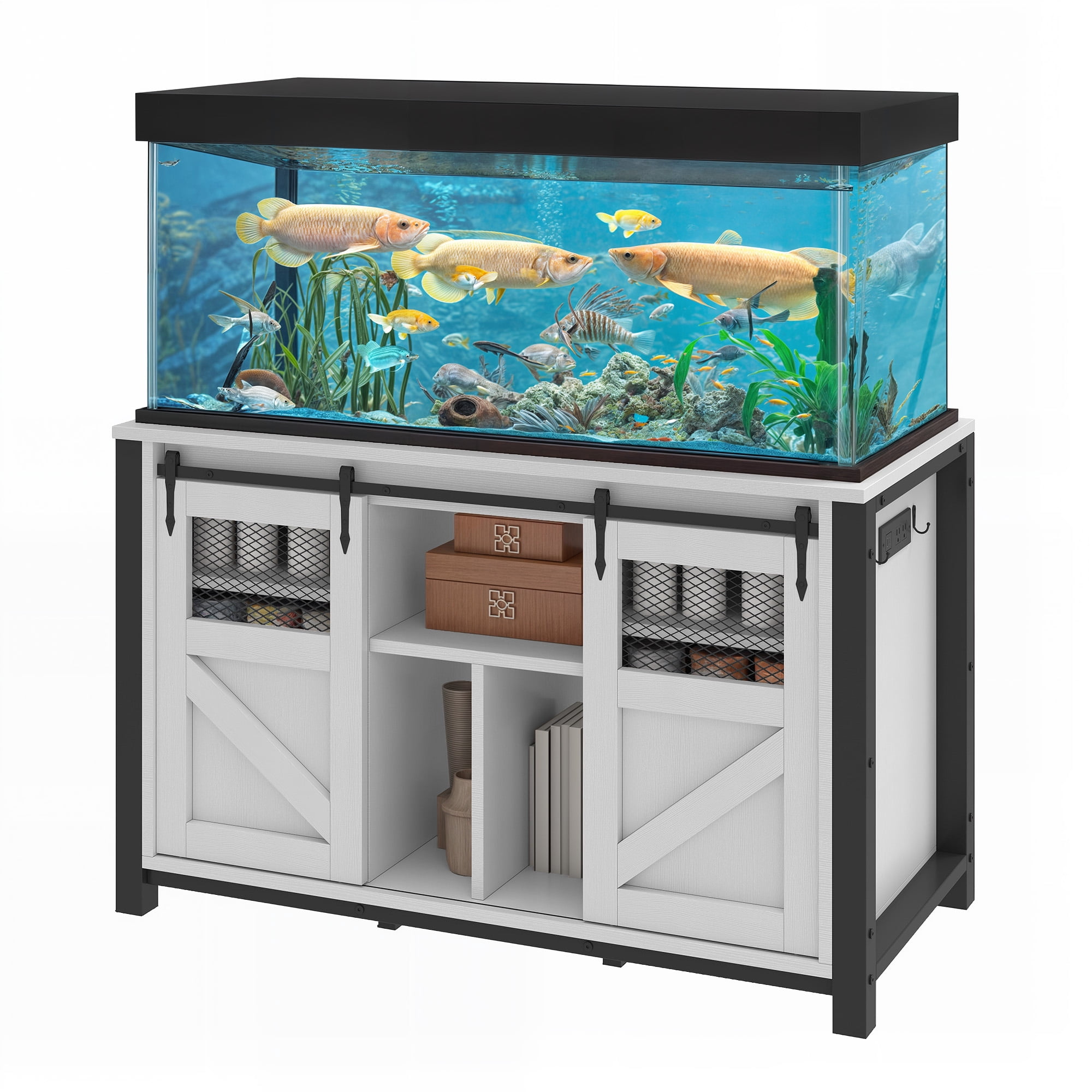 Uforic 120 Gal Fish Tank Stand with Storage, 1100 Lbs Capacity, Power Outlets, Barn Door, White