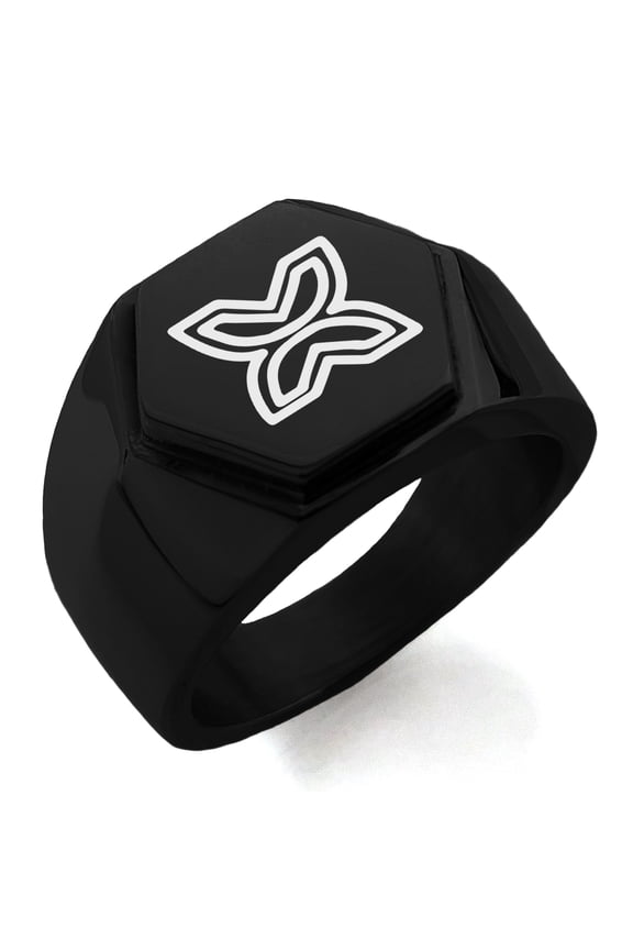 Stainless Steel Aztec Freedom Rune Engraved Hexagon Crest Flat Top Biker Style Polished Ring