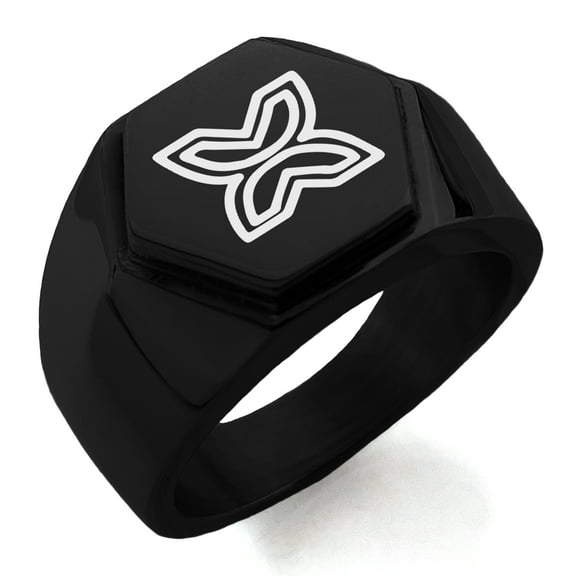 Stainless Steel Aztec Freedom Rune Engraved Hexagon Crest Flat Top Biker Style Polished Ring