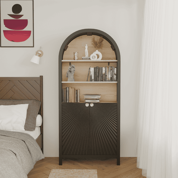 Spaco 61" Tall Arched Cabinet, Bookcase with Storage, Modern 5-Tier Bookshelf with Door for Indoor, Black